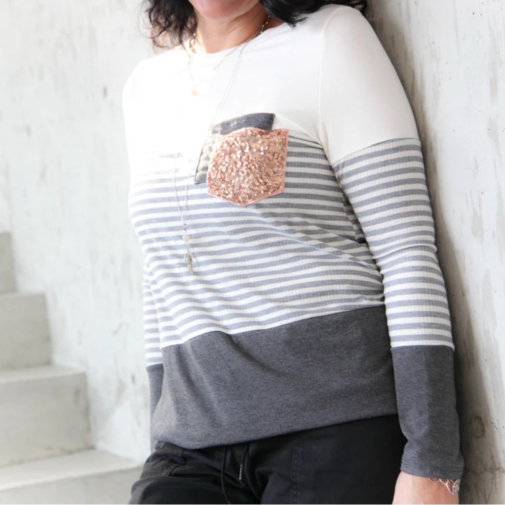 Lovely Melody Women's Gray and White Color Block Striped Top with Sequin Pocket